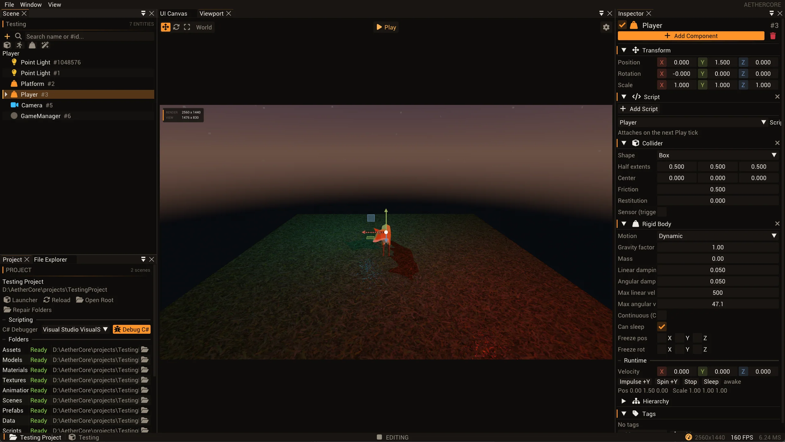 AetherCore's Vulkan editor showing a lit 3D scene and debugging panels